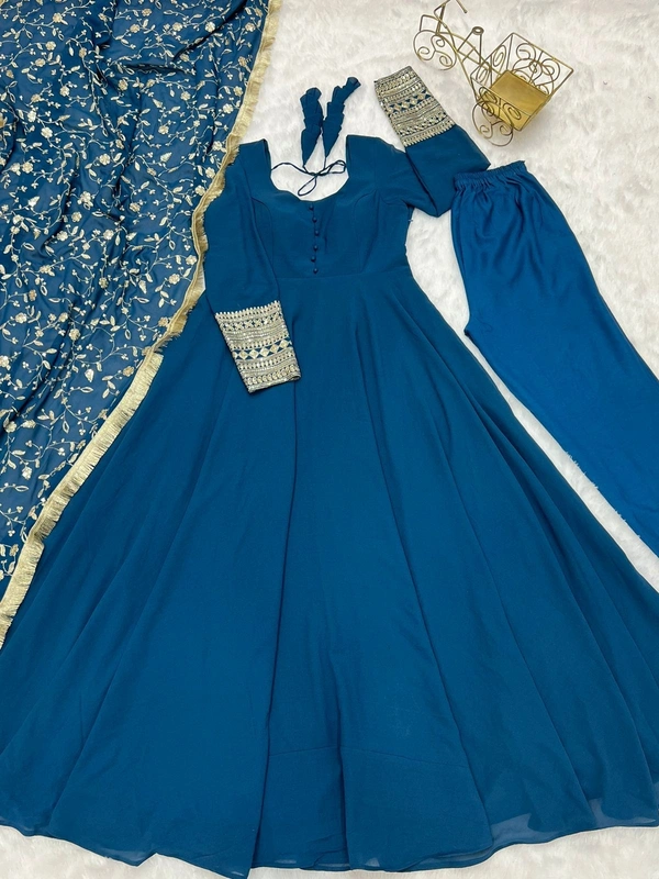 Antique Fashion 1  BLUE GEORGETTE GOWN FOR WOMEN DUPPTA FULL SET WITH PENT  - XXL-44