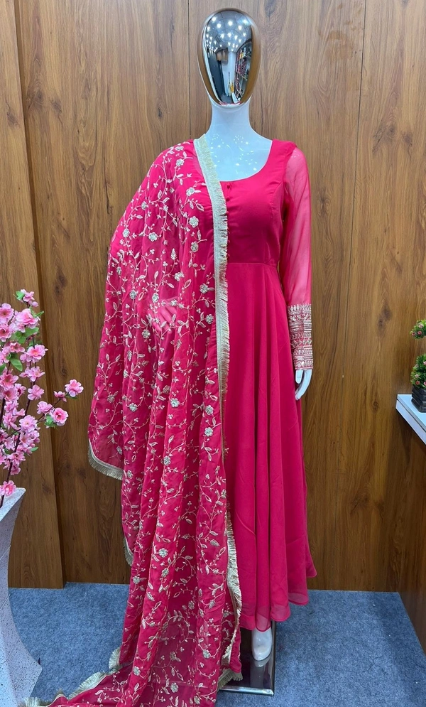 Antique Fashion 1 PINK GEORGETTE GOWN FOR WOMEN DUPPTA FULL SET WITH PENT  - S-36