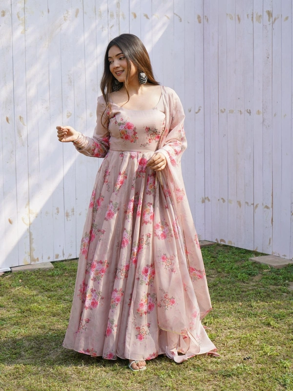 Antique Fashion 1 Pure Soft Organza Silk Floral Print Gown For Womens - S(36)