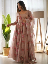 Antique Fashion 1 Pure Soft Organza Silk Floral Print Gown For Womens - S(36)