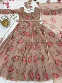 Antique Fashion 1 Pure Soft Organza Silk Floral Print Gown For Womens - Xxl (44)