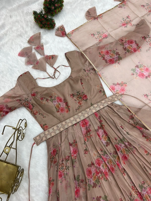 Antique Fashion 1 Pure Soft Organza Silk Floral Print Gown For Womens - Xxl (44)