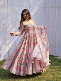 Antique Fashion 1 Pure Soft Organza Silk Floral Print Gown For Womens - Xxl (44)