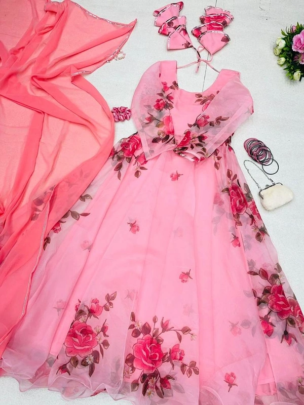 Antique Fashion 1 Anarkali Gown Digital Printed Organza Silk Suit - Size :- 42 ( Margin Givan 44 )