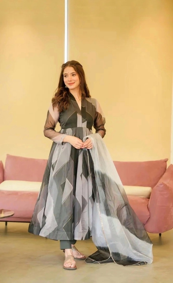 Antique Fashion 1 Anarkali Heavy Pure Soft Tabby  Organza With Zigzag Position Foil Work  - X's (34)