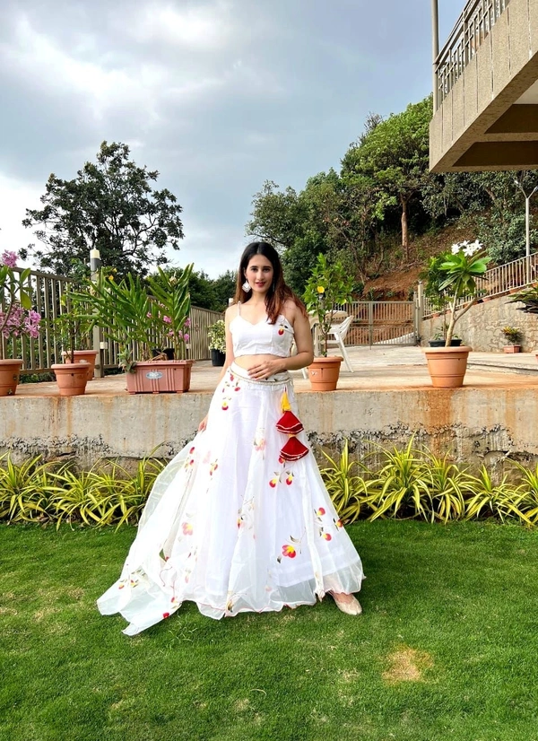 Antique Fashion 1 Pure Organza Silk Hand Painted Lahenga  - White, 38