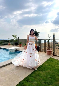 Antique Fashion 1 Pure Organza Silk Hand Painted Lahenga  - White, 38