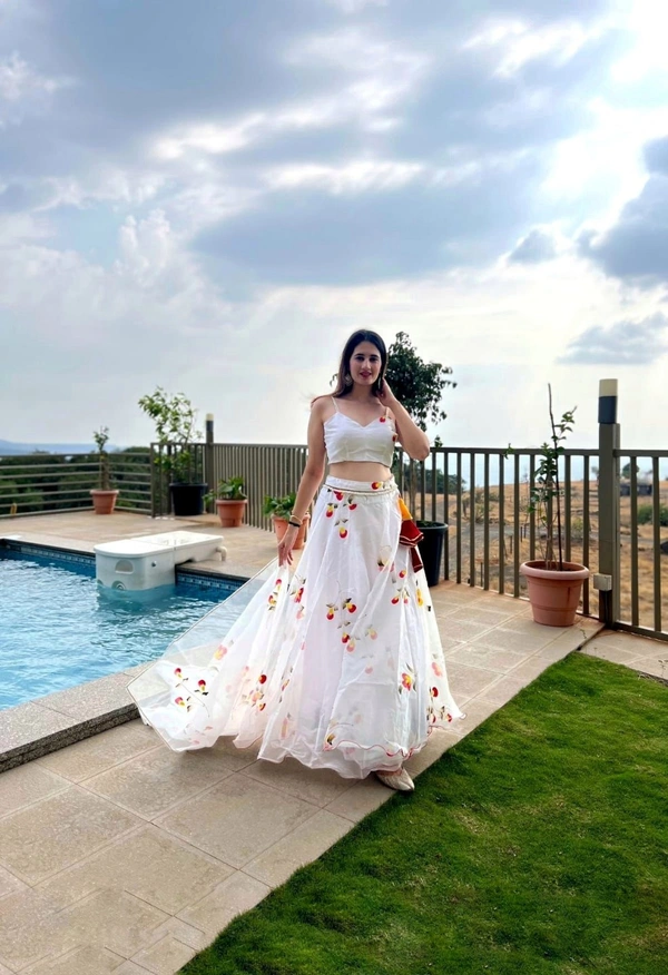 Antique Fashion 1 Pure Organza Silk Hand Painted Lahenga  - White, 38