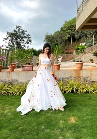 Antique Fashion 1 Pure Organza Silk Hand Painted Lahenga  - White, 38