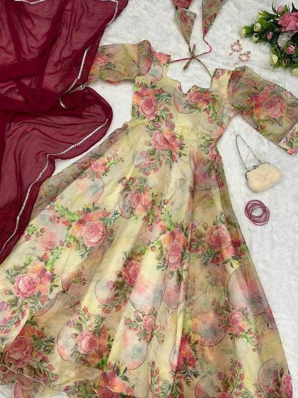Antique Fashion 1 Digital Printed Organza Silk Suit With 8mtr Huge Flair - 42