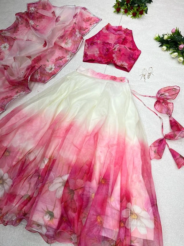 Antique Fashion  Pure Organza Silk Digital Printed Lehenga 8mtr Flair With Canvas Patta - 42