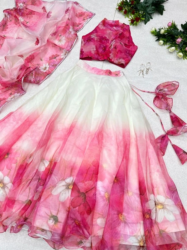 Antique Fashion  Pure Organza Silk Digital Printed Lehenga 8mtr Flair With Canvas Patta - 42