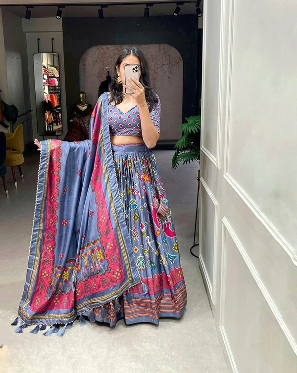 Antique Fashion 1 Lahenga Patola Print And Foil Work  - gray