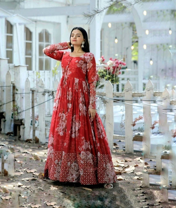 Antique Fashion  Digital Printed Faux Georgette Gown  - L (40), Red