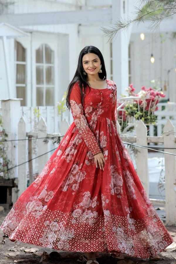 Antique Fashion  Digital Printed Faux Georgette Gown  - L (40), Red