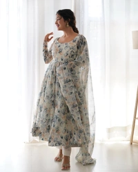 Antique Fashion 1 *PURE SOFT ORGANJA SILK FABRIC FULLY FLAIR KALI PATTERN AND CANVAS PATTA WITH DUPPTA SET ,PENT READY TO WEAR* - Xxxl (46)