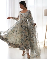 Antique Fashion 1 *PURE SOFT ORGANJA SILK FABRIC FULLY FLAIR KALI PATTERN AND CANVAS PATTA WITH DUPPTA SET ,PENT READY TO WEAR* - M (38)