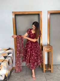 Antique Fashion 1 *Anarkali* - Digital printed pure silk organza Anarkali suit with huge flair 🌸 - S (36)