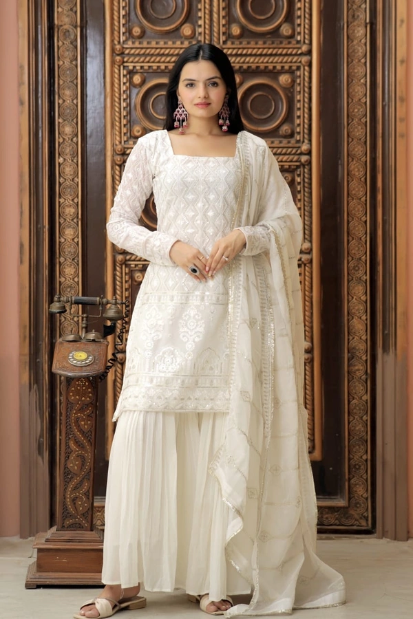Antique Fashion 1 READYMADE TOP SHARARA DUPATTA COLLECTIONS  - S (36), White
