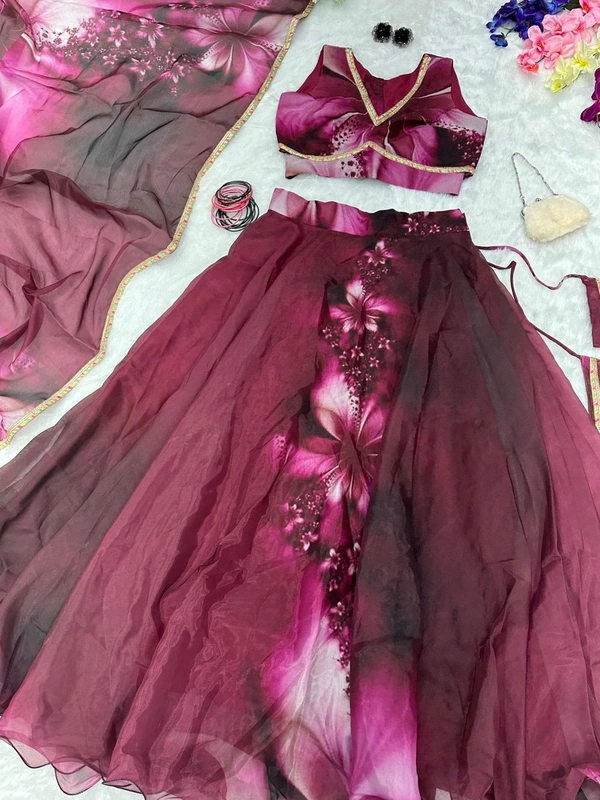 Antique Fashion  Pure Jimmy organza silk digital printed lehnga.  8mtr flair lehnga with canvas patta 🌸