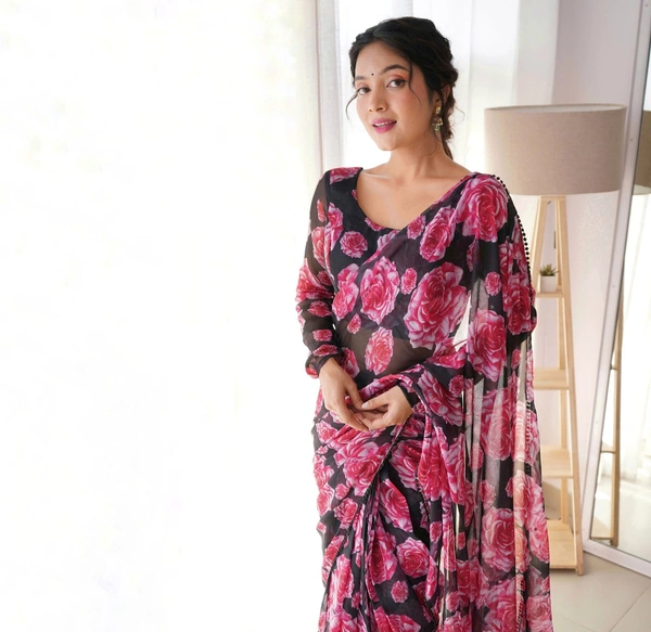 Antique Fashion READY TO WEAR PREDRAPPED SAREE WITH FULL STTICHED BLOUSE LIGHTWEIGHT CHIFFON FABRIC - S (36)