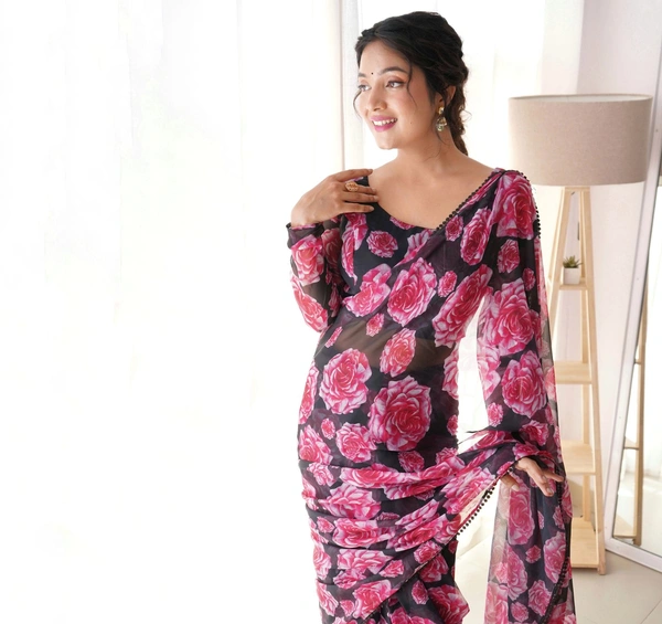 Antique Fashion READY TO WEAR PREDRAPPED SAREE WITH FULL STTICHED BLOUSE LIGHTWEIGHT CHIFFON FABRIC - L (40)