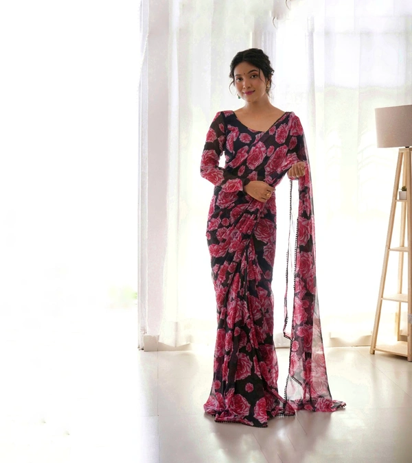 Antique Fashion READY TO WEAR PREDRAPPED SAREE WITH FULL STTICHED BLOUSE LIGHTWEIGHT CHIFFON FABRIC - Xxl (44)