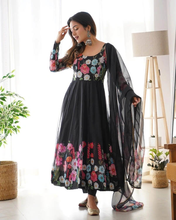 Antique Fashion  REAL MODELING PURE SOFT ORGANJA SILK FABRIC FULLY FLAIR KALI PATTERN AND CANVAS PATTA WITH DUPPTA SET ,PENT READY TO WEAR* - X's (34), Black