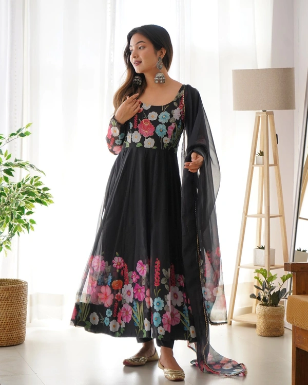 Antique Fashion  REAL MODELING PURE SOFT ORGANJA SILK FABRIC FULLY FLAIR KALI PATTERN AND CANVAS PATTA WITH DUPPTA SET ,PENT READY TO WEAR* - X's (34), Black