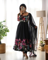 Antique Fashion 1 REAL MODELING PURE SOFT ORGANJA SILK FABRIC FULLY FLAIR KALI PATTERN AND CANVAS PATTA WITH DUPPTA SET ,PENT READY TO WEAR* - X's (34), Black
