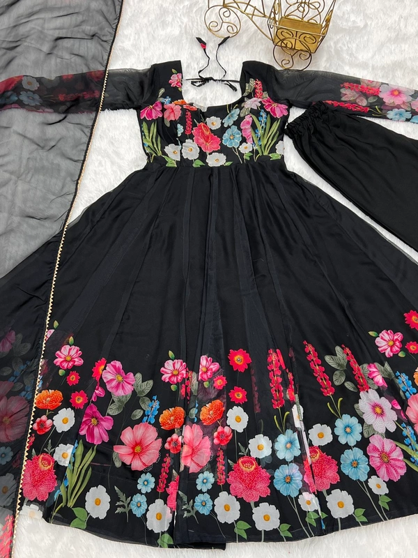 Antique Fashion  REAL MODELING PURE SOFT ORGANJA SILK FABRIC FULLY FLAIR KALI PATTERN AND CANVAS PATTA WITH DUPPTA SET ,PENT READY TO WEAR* - X's (34), Black