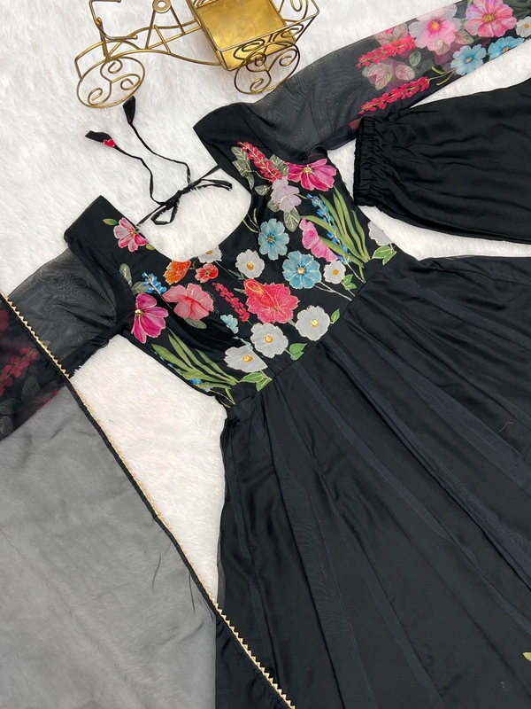 Antique Fashion  REAL MODELING PURE SOFT ORGANJA SILK FABRIC FULLY FLAIR KALI PATTERN AND CANVAS PATTA WITH DUPPTA SET ,PENT READY TO WEAR* - X's (34), Black