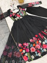 Antique Fashion 1 REAL MODELING PURE SOFT ORGANJA SILK FABRIC FULLY FLAIR KALI PATTERN AND CANVAS PATTA WITH DUPPTA SET ,PENT READY TO WEAR* - X's (34), Black