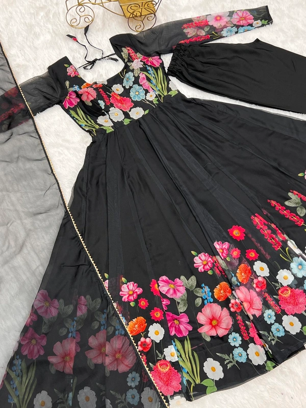 Antique Fashion  REAL MODELING PURE SOFT ORGANJA SILK FABRIC FULLY FLAIR KALI PATTERN AND CANVAS PATTA WITH DUPPTA SET ,PENT READY TO WEAR* - X's (34), Black