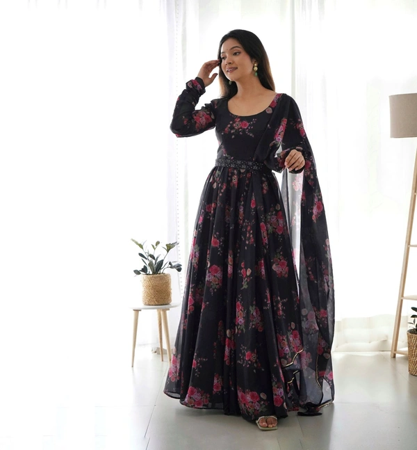 Antique Fashion  this timeless and classic black floral printed organza long suit for the upcoming wedding season and festivities* - L (40)