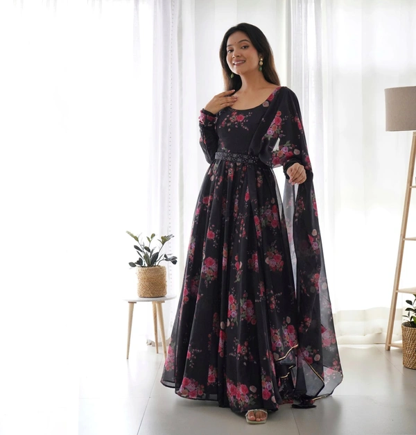 Antique Fashion  this timeless and classic black floral printed organza long suit for the upcoming wedding season and festivities* - L (40)