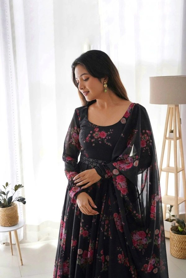 Antique Fashion  this timeless and classic black floral printed organza long suit for the upcoming wedding season and festivities* - L (40)
