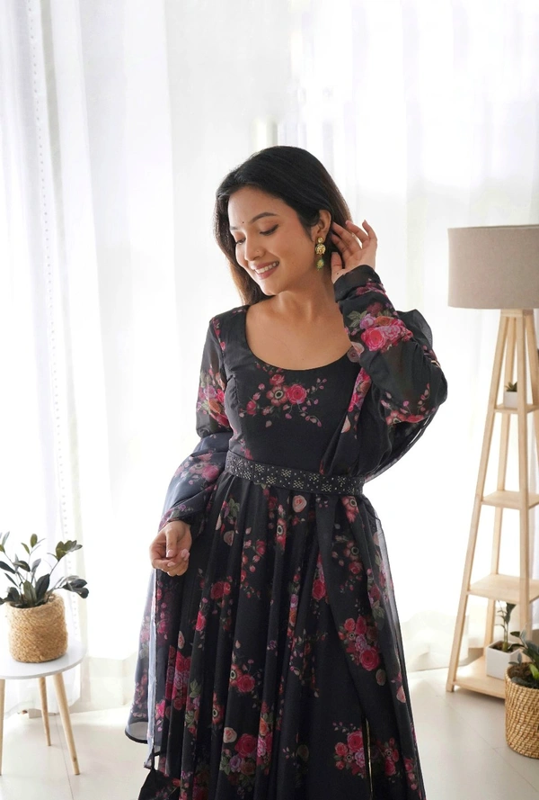 Antique Fashion  this timeless and classic black floral printed organza long suit for the upcoming wedding season and festivities* - L (40)