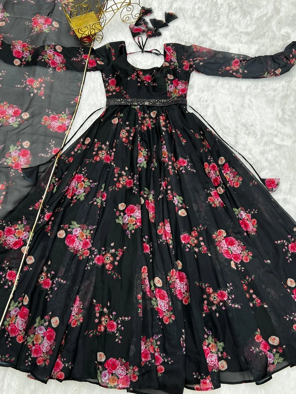 Antique Fashion  this timeless and classic black floral printed organza long suit for the upcoming wedding season and festivities* - L (40)