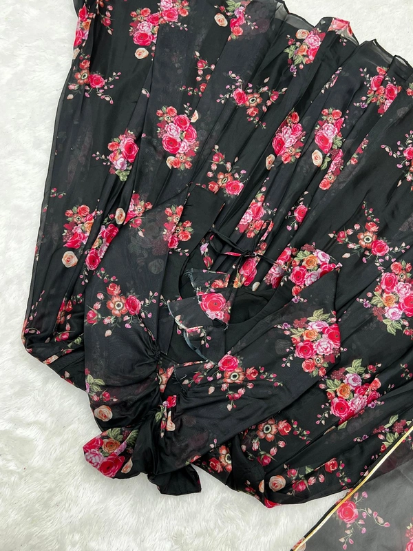 Antique Fashion  this timeless and classic black floral printed organza long suit for the upcoming wedding season and festivities* - L (40)