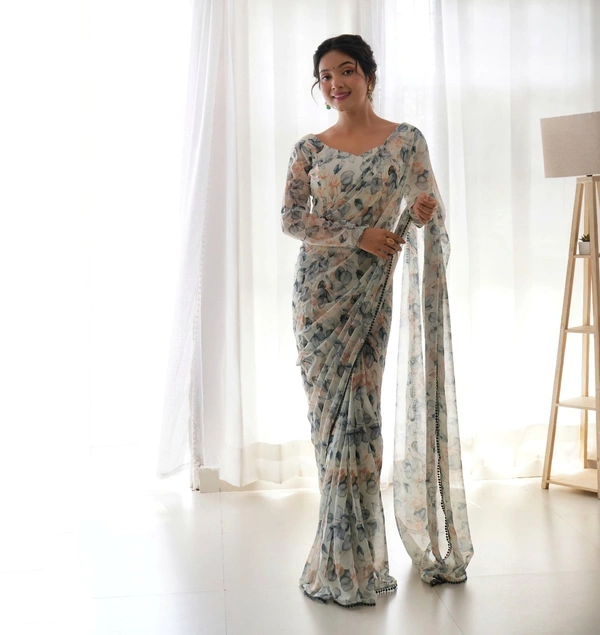 Antique Fashion  READY TO WEAR PREDRAPPED REAY TO WEAR SAREE WITH FULL STTICHED BLOUSE LIGHTWEIGHT CHIFFON FABRIC* - L (40)
