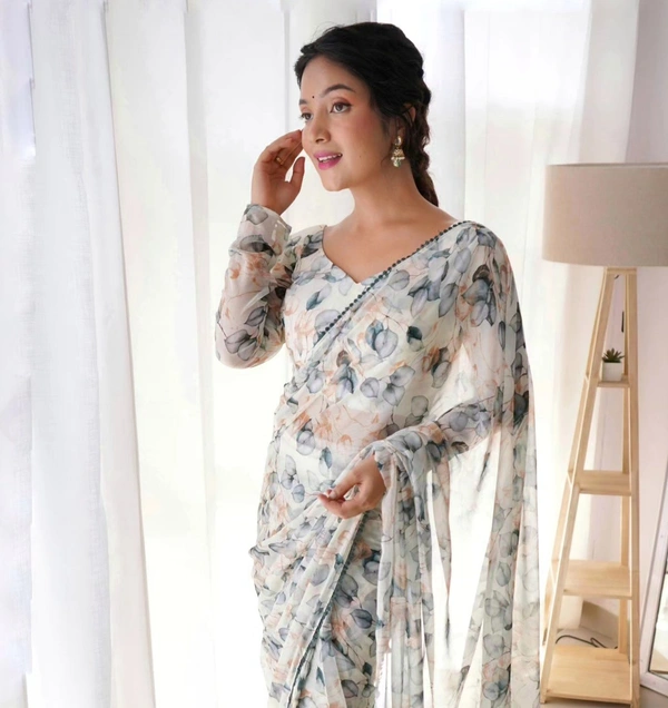 Antique Fashion  READY TO WEAR PREDRAPPED REAY TO WEAR SAREE WITH FULL STTICHED BLOUSE LIGHTWEIGHT CHIFFON FABRIC* - Xl (42)