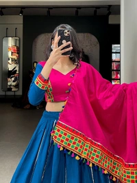 Antique Fashion 1 The intricate details in pure cotton lehenga with art of gamthi work lace and hues of a pink and blue color to add touch of tradition and grace in your navratri look.