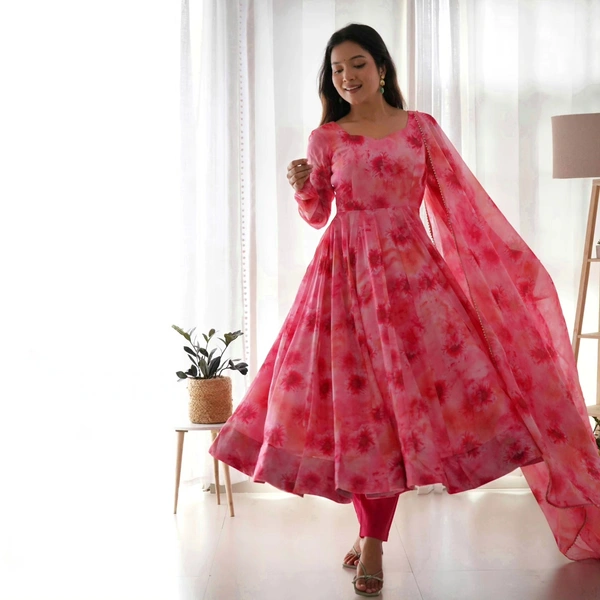 Antique Fashion 1 PURE SOFT ORGANJA SILK FABRIC FULLY FLAIR KALI PATTERN AND CANVAS PATTA WITH DUPPTA SET ,PENT READY TO WEAR - Xl (42)