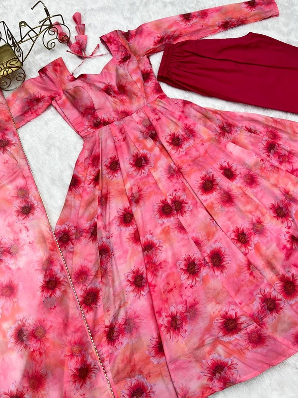 Antique Fashion 1 PURE SOFT ORGANJA SILK FABRIC FULLY FLAIR KALI PATTERN AND CANVAS PATTA WITH DUPPTA SET ,PENT READY TO WEAR - Xl (42)