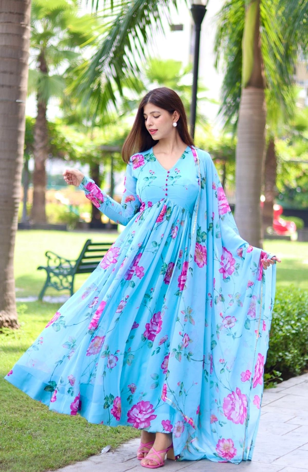 Antique Fashion  New Party Wear Look Fox Gerorrget Gown With Dupatta  pant   - Xl (42), blue