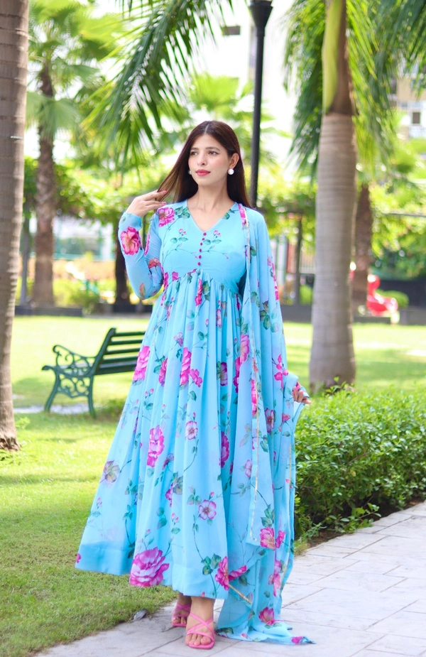 Antique Fashion  New Party Wear Look Fox Gerorrget Gown With Dupatta  pant   - Xl (42), blue