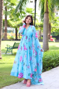 Antique Fashion 1 New Party Wear Look Fox Gerorrget Gown With Dupatta  pant   - S (36), blue