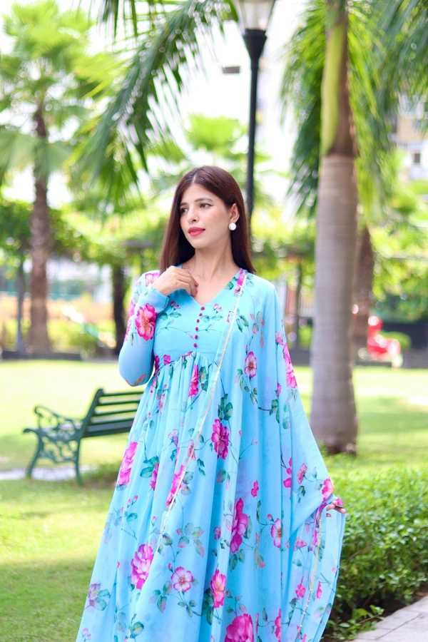 Antique Fashion  New Party Wear Look Fox Gerorrget Gown With Dupatta  pant   - Xl (42), blue