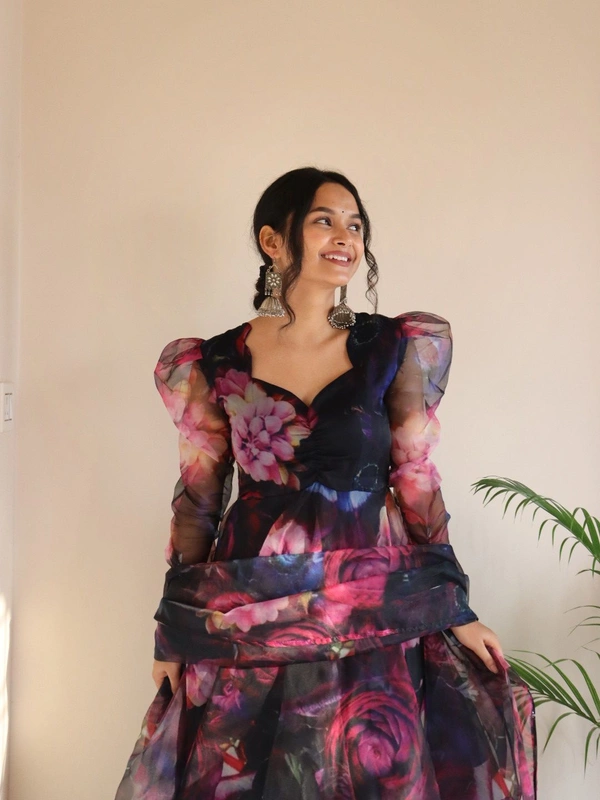 Antique Fashion  Digital printed organza silk Anarkali suit with huge flair 🌸 - M (38)